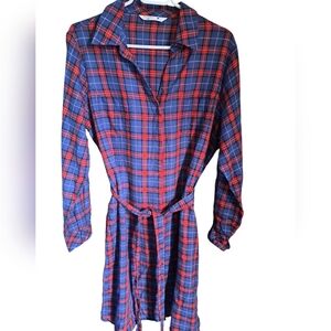LEE RIDERS plaid flannel shirt dress belted harvest fall western tab sleeve LG